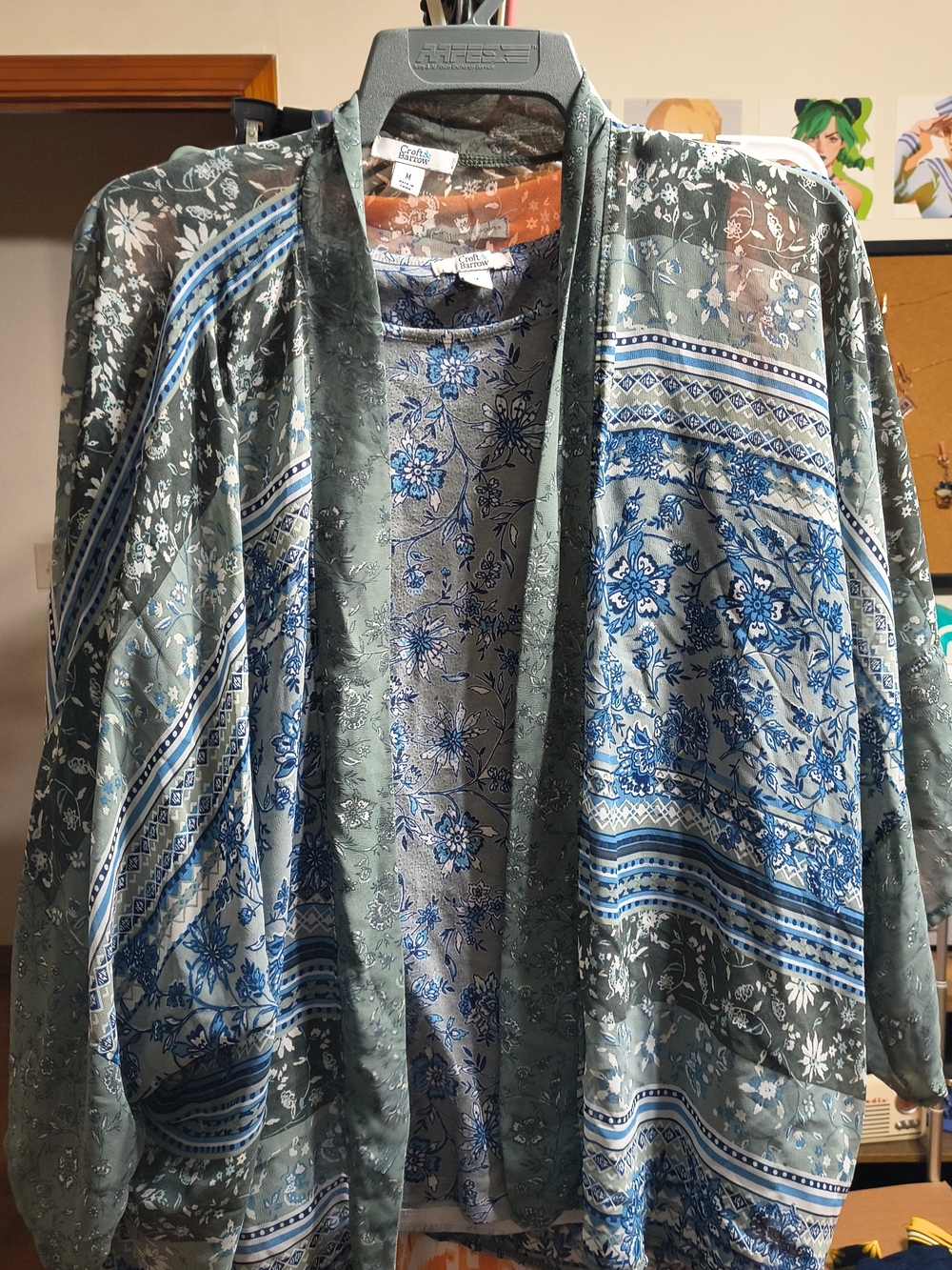 Croft And barrow Floral Open-Front Kimono Jacket With Tank - Green/Blue